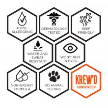 krew'd sunscreen: hypo-allergenic, dermatology tested, reef friendly, fragrance free, won't run in eyes, non-greasy formula, no animal testing 