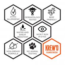 krew'd sunscreen: hypo-allergenic, dermatology tested, reef friendly, water and sweat resistant, won't run in eyes, non-greasy formula, no animal testing