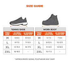 Tennis Shoe: Medium: US Men's 6-8.5, US Women's 8-10.5 Large: US Men's 9-11.5, US Women's 11-13.5 X-Large: US Men's 12-15.5, US Women's 14-17.5 2X-Large: US Men's 16-18.5, US Women's not shown Work Boot: Medium: US Men's 5-7.5, US Women's 7-9.5 Large: US Men's 8-10.5, US Women's 10-12.5 X-Large: US Men's 11-14.5, US Women's 13-16.5 2X-Large: US Men's 15-17.5, US Women's not shown