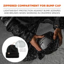 Zippered compartment for bump cap: lightweight protection against bump, scrapes and bruises when working in cramped spaces. Small image shows bump cap with arrow pointing to hat and says “bump cap insert sold separately”