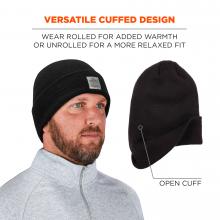 Versatile cuffed design. Wear rolled for added warmth or unrolled for a more relaxed fit. Open cuff.