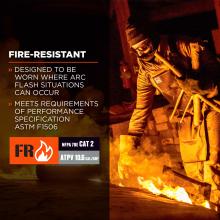 Fire-resistant. Designed to be worn where arc flash situations can occur. Meets requirements of performance specification ASTM F1506. Icon on bottom says FR: NFPA 70E CAT 2/ATPV 10.6 cal/cm2