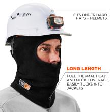 Long length: full thermal head and neck coverage easily tucks into jackets. fits under hard hats and helmets