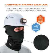 Lightweight spandex balaclava. Breathable moisture-wicking spandex provides coverage without overheating. Moisture wicking and breathable badges.
