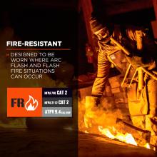 fire-resistant: designed to be worn where arc flash and flash fire situations can occur. nfpa 70e CAT 2 / nfpa 2112 CAT 2 / ATPV 9.4 cal/cm2 image 3 .