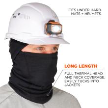 long length: full thermal head and neck coverage, easily tucks into jackets. Fits under hard hats and helmets