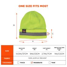 One size fits most. Size: Head size is 14.5 inches or 37 centimeters, height is 9 inches or 23 centimeters, cuff height is 2.7 inches or 7 centimeters, reflective tape height is 1 inch or 2.5 centimeters. Fabric made of 100 percent acrylic rib knit. Moderate level of thickness