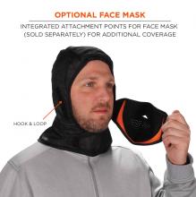 Optional face mask: Integrated attachment points for face mask (sold separately) for additional coverage. Arrow points to hook & loop feature