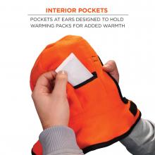 Interior pockets: pockets at ears designed to hold warming packs for added warmth