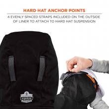 Hard hat anchor points: 4 evenly spaced straps included on the outside of liner to attach to hard hat suspension. 