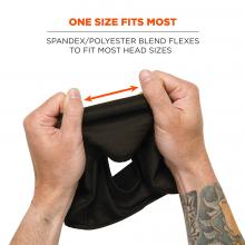 One size fits most: spandex/polyester blend flexes to fit most head sizes. Arrow shows material stretching. 