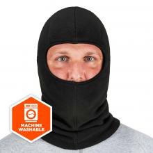 Balaclava on model facing forward. Icon says machine washable