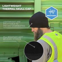 Lightweight thermal skull cap. Lightweight and breathable to prevent overheating. Pill-resistant; soft brushed interior. Breathable badge.