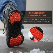 14 tungsten carbide studs. Full-foot traction bites into ice and packed snow