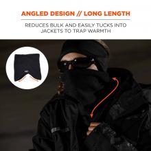 Angled design // long length: reduces bulk and easily tucks into jackets to trap warmth