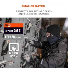 Dual FR rated: Protects against arc flash and flash fire hazards. Icons say: FR, NFPA 70E CAT 2, ATPV 20 CAL/CM2, NFPA 2112