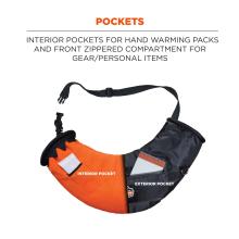 Pockets: Interior pockets for hand warming packs and front zippered compartment for gear/personal items