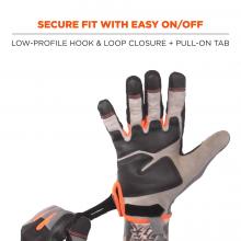 Secure fit with easy on/off: low-profile hook & loop closure + pull-on tab