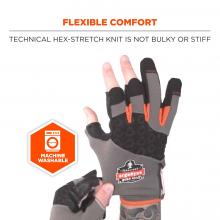 Flexible comfort: technical hex-stretch knit is not bulky or stiff. Icon says machine washable