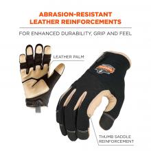 Abrasion-resistant leather reinforcements: for enhanced durability, grip and feel. Arrows pointing to gloves say leather palm and thumb saddle reinforcement.