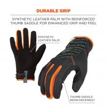 Durable grip: Synthetic leather palm with reinforced thumb saddle for enhanced grip and feel. Arrows point to synthetic leather palm and thumb saddle reinforcement.