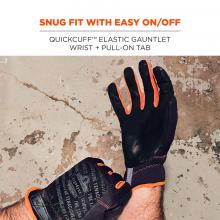 Snug fit with easy on/off: QuickCuff elastic gauntlet wrist + pull on tab