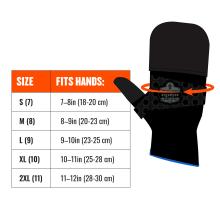 Image shows to measure across hand at base of fingers. Size chart: size xs(6) fits hands up to 7in(18cm). Size S(7) fits hands 7-8in(18-20cm). Size M(8) fits hands 8-9in(20-23cm). Size L(9) fits hands 9-10in(23-25cm). Size XL(10) fits hands 10-11in(25-28cm). Size 2XL(11) fits hands 11-12cm(28-30cm). Size 3XL(12) fits hands 12-13in(30-32cm)