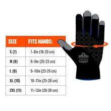 Image shows to measure across hand at base of fingers. Size chart: size xs(6) fits hands up to 7in(18cm). Size S(7) fits hands 7-8in(18-20cm). Size M(8) fits hands 8-9in(20-23cm). Size L(9) fits hands 9-10in(23-25cm). Size XL(10) fits hands 10-11in(25-28cm). Size 2XL(11) fits hands 11-12cm(28-30cm). Size 3XL(12) fits hands 12-13in(30-32cm).