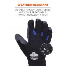 Weather-resistant: Durable ripstop outer shell with DWR breathable weather-repellent finish. Image shows water droplets on glove. 