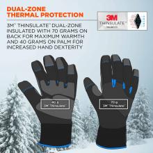 Dual-zone thermal protection. 3M Thinsulate Dual-Zone insulated with 70 grams on back for maximum warmth and 40 grams on palm for increased hand dexterity. Icon on top right shows 3M thinsulate technology. 