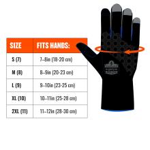 Image shows to measure across hand at base of fingers. Size chart: size xs(6) fits hands up to 7in(18cm). Size S(7) fits hands 7-8in(18-20cm). Size M(8) fits hands 8-9in(20-23cm). Size L(9) fits hands 9-10in(23-25cm). Size XL(10) fits hands 10-11in(25-28cm). Size 2XL(11) fits hands 11-12cm(28-30cm). Size 3XL(12) fits hands 12-13in(30-32cm)
