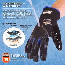 Waterproof + windproof: Weather-resistant shell with waterproof membrane insert blocks moisture and wind. Picture shows water pouring onto glove. Diagram shows waterproof membrane and water-resistant outer shell keeping water away while insulation warms skin. Icon at bottom left says: Updated for ’19. Thanks for your feedback. Updated waterproof membrane. 