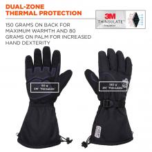 Dual-zone thermal protection: 150 grams on back for maximum warmth and 80 grams on palm for increased hand dexterity. Icon on top right says 3M Thinsulate Insulation. 