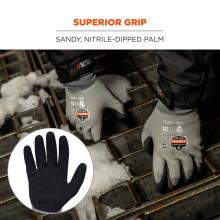 Superior grip: Sandy, nitrile-dipped palm. Circle shows palm detail. 