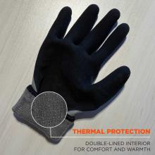 Waterproof: fully coated latex dip keeps hands dry and warm. Icon shows water-resistant outer shell and waterproof membrane providing insulation and keeping skin dry.