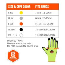 Size chart instructions: measure around the palm. DO NOT include the thumb area. Size & cuff color S(7) fits hands 7-8in(18-20cm). M(8) fits hand 8-9in(20-23cm). L(9) fits hands 9-10in(23-25cm). XL(10) fits hands 10-11in(25-28cm). 2XL(11) fits hands 11-12in(28-30cm). Machine washable.