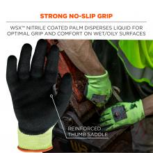 Strong no-slip grip: WSX nitrile coated palm disperses liquid for optimal grip and comfort on wet/oily surfaces. Reinforced thumb saddle.