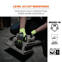 Level A4 cut resistance: for heavy-duty protection from sharp materials. ANSI/ISEA 105 (A4, 4, 3). EN388 4X42 D P. ANSI/ISEA 138.