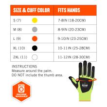 Size chart instructions: measure around the palm. DO NOT include the thumb area. Size & cuff color S(7) fits hands 7-8in(18-20cm). M(8) fits hand 8-9in(20-23cm). L(9) fits hands 9-10in(23-25cm). XL(10) fits hands 10-11in(25-28cm). 2XL(11) fits hands 11-12in(28-30cm). Machine washable.