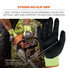 Strong no-slip grip: WSX nitrile coated palm disperses liquid for optimal grip and comfort on wet/oily surfaces. Reinforced thumb saddle.