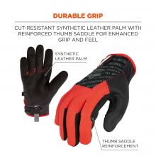 Durable grip: Cut-resistant synthetic leather palm with reinforced thumb saddle for enhanced grip and feel. Arrows pointing to gloves say synthetic leather palm and thumb saddle reinforcement. 