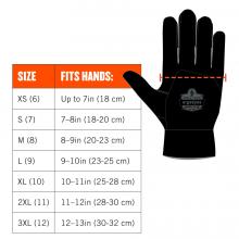 Size chart. Size XS(6) fits hands: up to 7in(18cm). Size S(7) fits hands: 7-8in(18-20cm). Size M(8) fits hands: 8-9in(20-23cm). Size L(9) fits 9-10in(23-25cm). Size XL(10) fits hands: 10-11in(25-28in). Size 2XL(11) fits hands: 11-12in(28-30cm). Size 3XL(12) fits hands: 12-13in(30-32cm). 