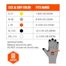 Size chart instructions: measure around the palm. DO NOT include the thumb area. Size & cuff color S(7) fits hands 7-8in(18-20cm). M(8) fits hand 8-9in(20-23cm). L(9) fits hands 9-10in(23-25cm). XL(10) fits hands 10-11in(25-28cm). 2XL(11) fits hands 11-12in(28-30cm). Machine washable.