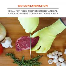 No contamination: Ideal for food prep or other material handling where contamination is a risk. Image shows person wearing gloves and preparing food. 