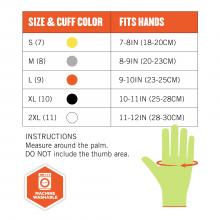 Size chart instructions: measure around the palm. DO NOT include the thumb area. Size & cuff color S(7) fits hands 7-8in(18-20cm). M(8) fits hand 8-9in(20-23cm). L(9) fits hands 9-10in(23-25cm). XL(10) fits hands 10-11in(25-28cm). 2XL(11) fits hands 11-12in(28-30cm). Machine washable.  