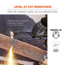 Level A7 cut resistance: for the highest level of cut protection. Protection from contact heat. ANSI/ISEA 105 (A7, 5, 3). EN388 4x42 F. 