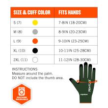 Size chart instructions: measure around the palm. DO NOT include the thumb area. Size & cuff color S(7) fits hands 7-8in(18-20cm). M(8) fits hand 8-9in(20-23cm). L(9) fits hands 9-10in(23-25cm). XL(10) fits hands 10-11in(25-28cm). 2XL(11) fits hands 11-12in(28-30cm). Machine washable.  