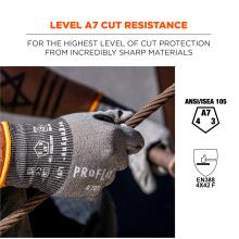 Level A7 cut resistance: for the highest level of cut protection from incredibly sharp materials. ANSI/ISEA 105 (A7, 4, 3). EN388 4x42 F. 