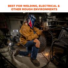 Best for welding, electrical and other rough environments. Image shows person welding with knee pads on. 