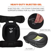 Heavy-duty injected gel: injected gel + PU foam cushions and supports knees for all-day comfort. Diagram indicates different layers of injected gel and PU foam.